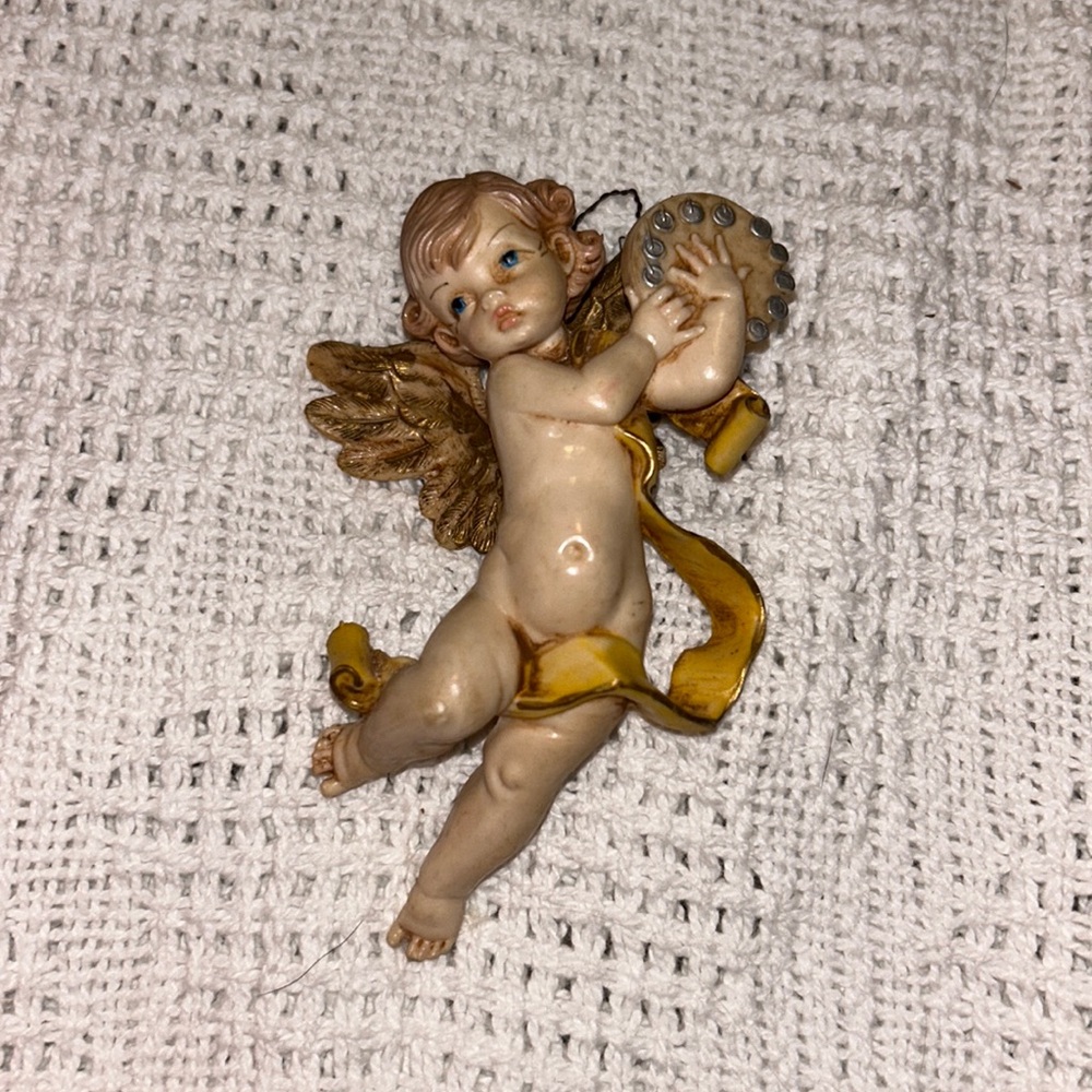 Cherub Angel Figurine Playing Tambourine Depose Italy 266 |  Holiday | 4” long